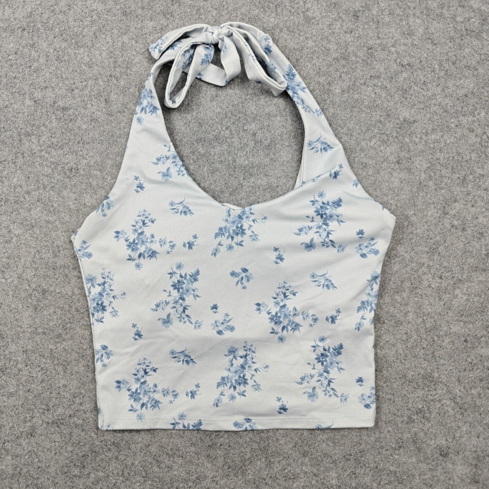 Hollister Tank Top Juniors Small White Blue Floral Halter Tie Back Cropped